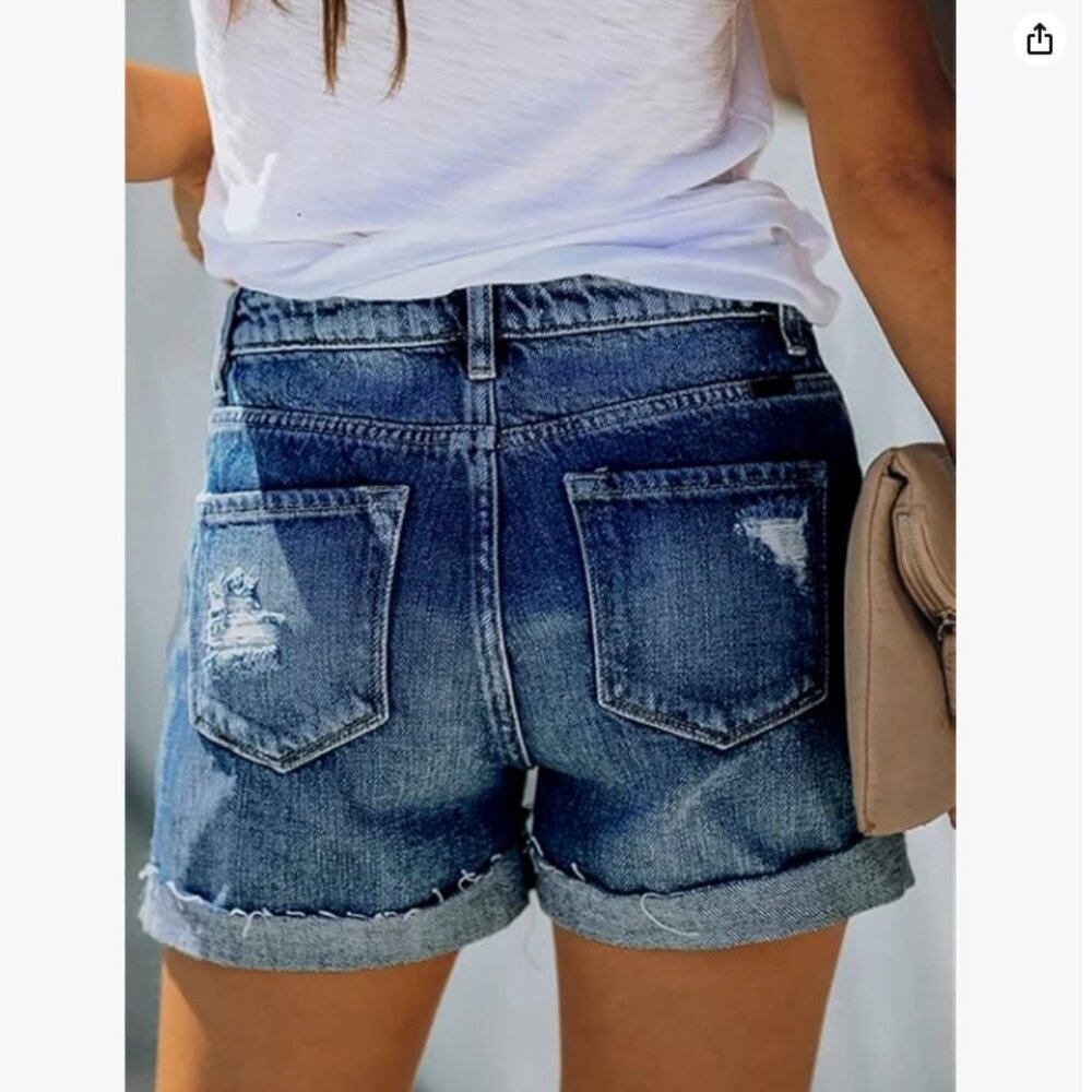 Mid Rise Ripped Dark Blue Jean Shorts - Picture 2 of 5